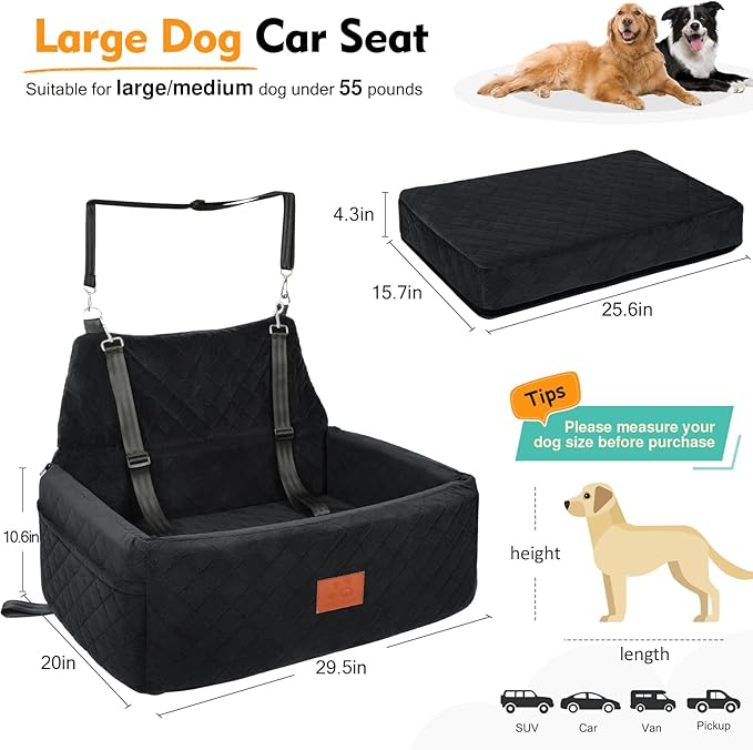 NEEZUKAR Dog Car Seat for Large Medium Dogs,Portable Washable Pet Car Seat Under 55 lbs,Dog Booster Seat with Thick Cushion,2 Safety Leashes Travel Car Dog Bed
