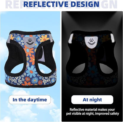 KOOLTAIL Dog Harness and Leash Set for Small Medium Dogs, Step in No Pull Comfort Padded Pet Vest, Adjustable Reflective Easy Walking Puppy Cats Harness Training, Flower Navy M