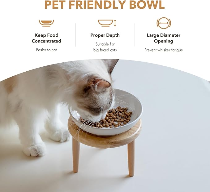 Havniva Raised Ceramic Wide Whisker Friendly Cat Dish, Anti-Slip Food&Water Bowl with 2 Style Stand Adjustable Pet Bowl Set (1Dish+Stand, White)