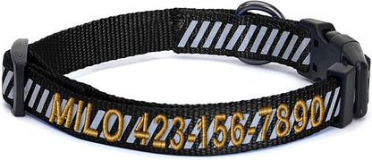 Pawtitas Reflective Dog Collar - Personalized Name & Phone Number, Adjustable for Small Dogs & Puppies - Black