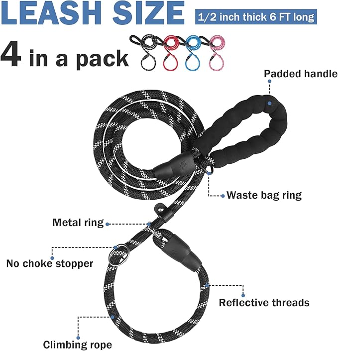HOMIMP Slip Lead Dog Leash 6 FT - Reflective 4 PCS Bulk Color Heavy Duty Rope Dog Leash for Small Medium Large Dogs Puppy - Soft Long Padded Handle Thick Dog Leashes for Shelter, Vet, Training