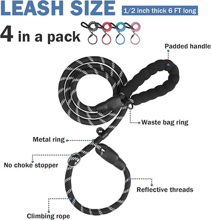 HOMIMP Slip Lead Dog Leash 6 FT - Reflective 4 PCS Bulk Color Heavy Duty Rope Dog Leash for Small Medium Large Dogs Puppy - Soft Long Padded Handle Thick Dog Leashes for Shelter, Vet, Training