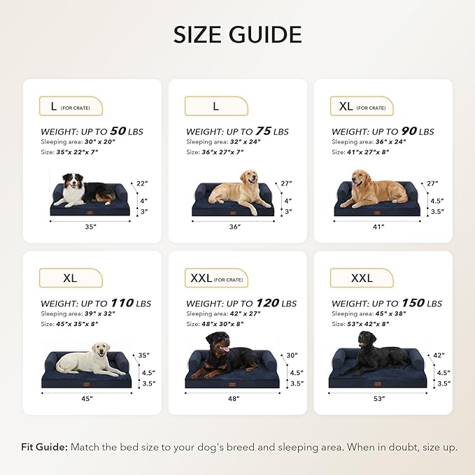 Casa Paw Orthopedic Dog Beds for Large Sized Dogs, Waterproof Egg Crate Foam Medium Dog Couch Beds for Crate 35x22Inch, Washable Pet Beds with Removable Cover and Nonskid Bottom, Navy Blue