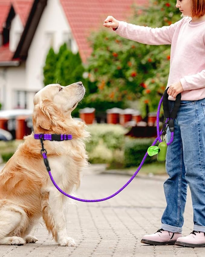 Dynmeow Reflective Dog Collar and Leash Set, 6FT Strong Climbing Rope Leash with Padded Handle, Adjustable Pet Collar with Soft Neoprene Padding for Large Dogs, Purple, L