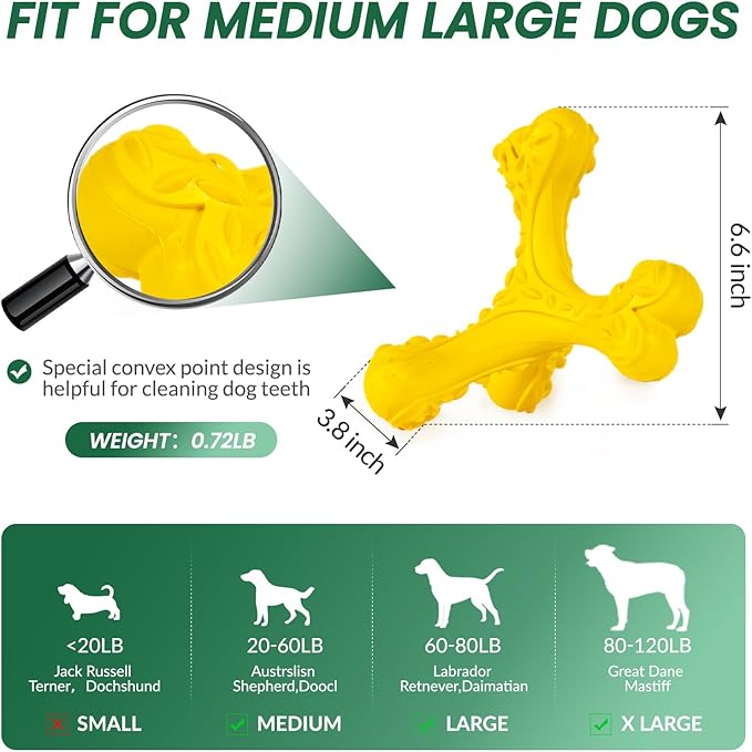 CVALIN Dog Chew Toys for Aggressive Chewers Large Breed,Indestructible Bones Toy，Durable Cleaning Toothbrush Natural Rubber Dog Toys… (Yellow)