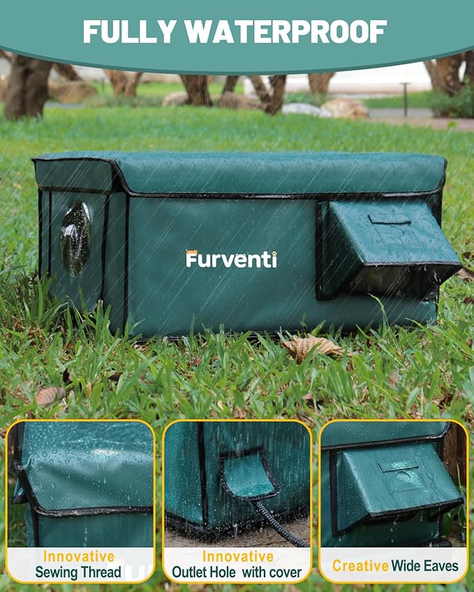Heated Cat House for Outside with Dual Doors, Insulated Cat House Outdoor with Heating Pad, Weatherproof Heated Outdoor Cats Houses Weatherproof for Feral Cats (Deep Green, 25.5" L x 16" W x 13" H)