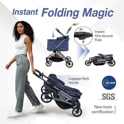ibiyaya Maxi Deep Carriage Pet Stroller for Cats and Small Dogs – Flat-Free Rubber Wheels, One-Hand Fold, Extra-Tall Cabin (Royal Blue)
