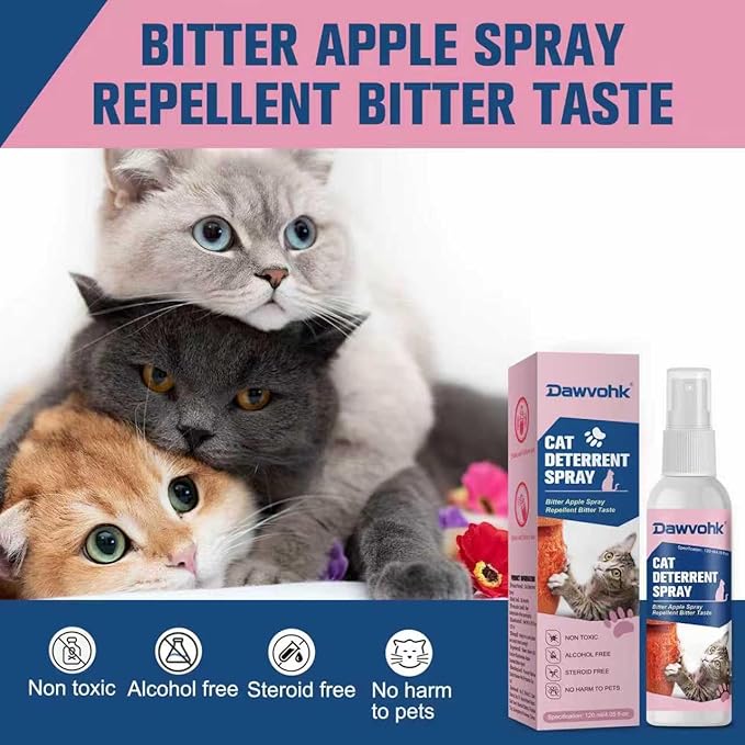 Dawvohk Bitter Apple Cat Repellent Spray - Natural Anti-Scratch Spray for Furniture Protection: Sofas, Carpets, Curtains — Indoor and Outdoor Cat Behavior Training, 4.06 oz(120ml)/1PC