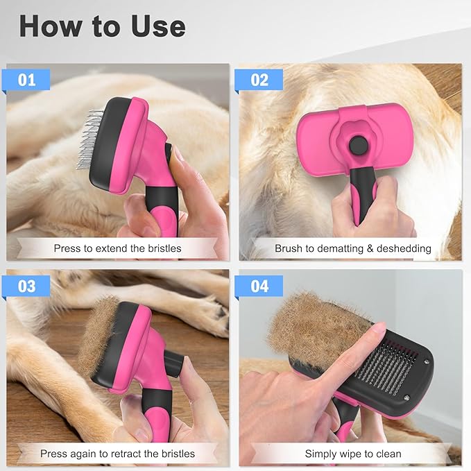 Dipoo Self-Cleaning Pet Grooming Brush - Skin-Friendly Deshedding Tool for Dogs & Cats in Pink, Removes Loose Hair and Tangles
