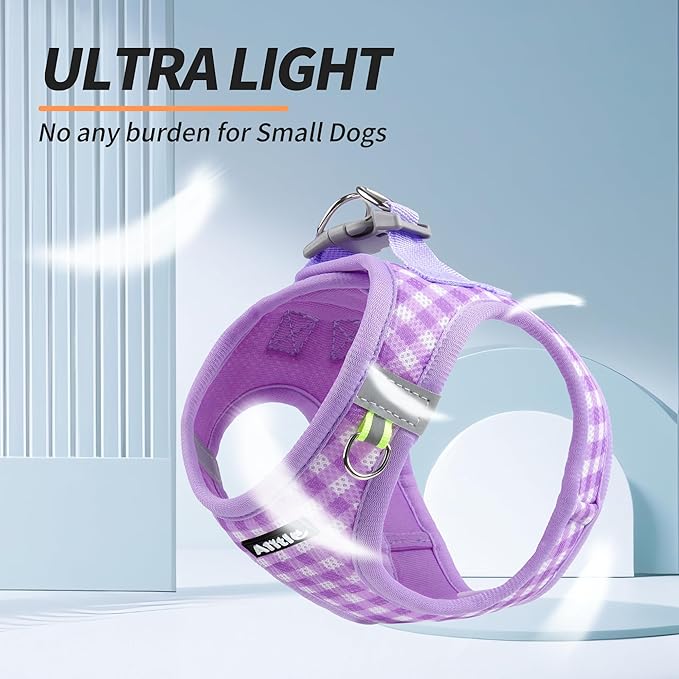 AIITLE Medium Dog Harness – Breathable Mesh with Plaid Design & Dual D-Rings – Secure Fit for Camping, Hiking & Daily Adventures (L, Purple)