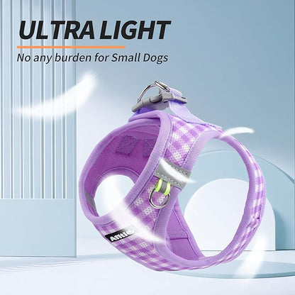 AIITLE Medium Dog Harness – Breathable Mesh with Plaid Design & Dual D-Rings – Secure Fit for Camping, Hiking & Daily Adventures (L, Purple)