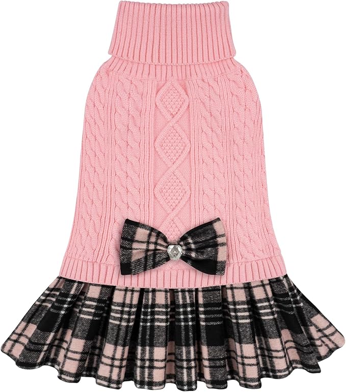 KYEESE Dog Sweater Soft Turtleneck Pet Sweater Dress Warm Pullover Pet Coats Thick Dogs Clothes with Bowtie Comfy Knitwear Dog Sweaters for Small Dogs Girl Stretchy Cat Sweaters, Pink, Medium