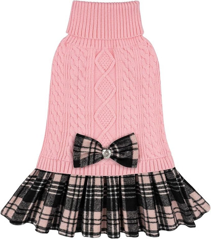 KYEESE Dog Sweater Soft Turtleneck Pet Sweater Dress Warm Pullover Pet Coats Thick Dogs Clothes with Bowtie Comfy Knitwear Dog Sweaters for Small Dogs Girl Stretchy Cat Sweaters, Pink, Medium