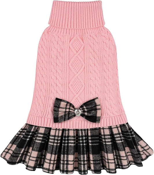 KYEESE Dog Sweater Soft Turtleneck Pet Sweater Dress Stretchy Cat Sweaters Thick Dogs Clothes with Bowtie Warm Pullover Pet Coats Comfy Knitwear Dog Sweaters for Small Dogs Girl, Pink, Large