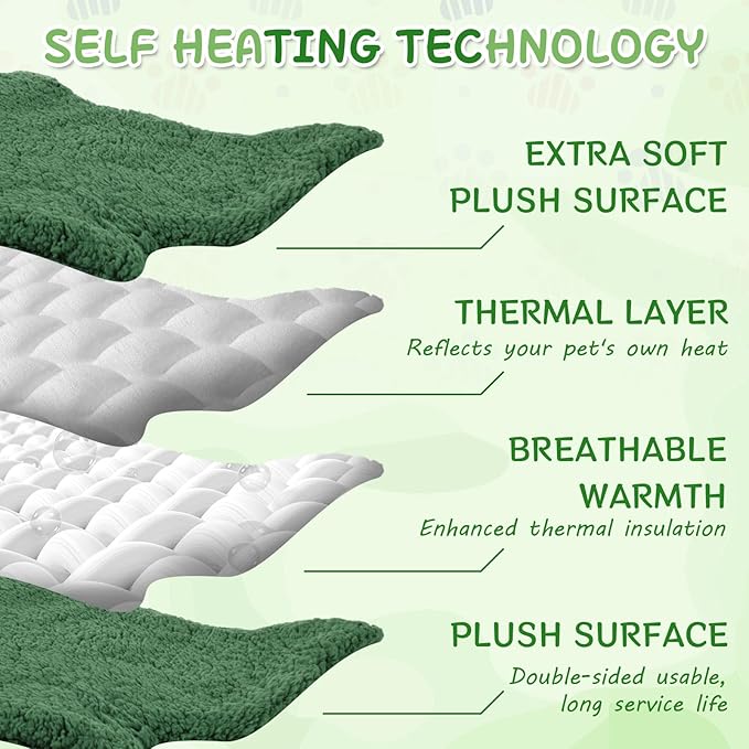 BrightRow 3 Pack Self Warming Pet Bed Leaf Shape Self Heating Cat Dog Mat Washable Thermal Sleeping Pad for Indoor Outdoor Hedgehog, Bunny, Sugar Glider, Rat, Chinchilla(Dark Green,Medium-18 x24)