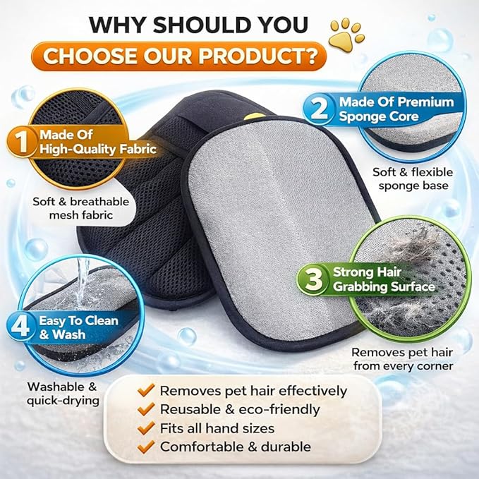 Magic Pet Hair Removal Glove – Newly Upgraded Five-Finger Reusable Electrostatic Grooming Gloves for Dogs & Cats, Best Pet Hair Remover for Furniture, Couch, Carpet, Clothes & Car (1 PCS)