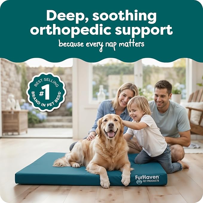 FurHaven Water-Resistant Orthopedic Dog Bed for Large Dogs, Oxford Polycanvas Mattress with Egg Crate and Solid Orthopedic Foam Base for Joint Support, Washable Cover, Jumbo XL, Deep Lagoon