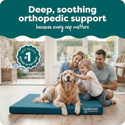 FurHaven Water-Resistant Orthopedic Dog Bed for Large Dogs, Oxford Polycanvas Mattress with Egg Crate and Solid Orthopedic Foam Base for Joint Support, Washable Cover, Jumbo XL, Deep Lagoon