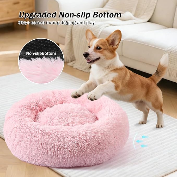 NOYAL Calming Donut Dog Bed for Small to Medium Dogs & Cats - Plush Faux Fur Anti-Anxiety Pet Bed with Machine Washable Cover & Non-Slip Base