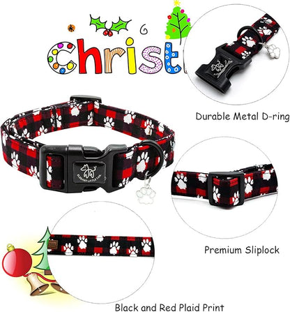 Elegant little tail Christmas Dog Collar, Pet Dog Collar Cotton Soft Red Plaid Winter Dog Collars Holiday with Quick Release Buckle Pet Puppy Collar for X-Small Puppy
