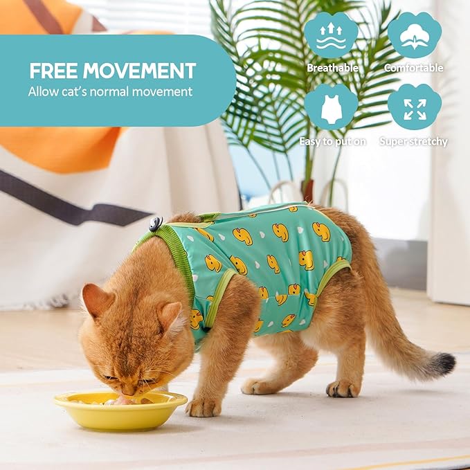 Avont Cat Recovery Suit - Kitten Onesie for Cats After Surgery, Cone of Shame Alternative Surgical Spay Suit for Female Cat, Post-Surgery or Skin Diseases Protection -Duck(L)