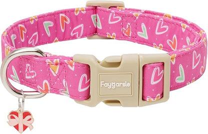 Faygarsle Valentine's Day Dog Collar, Pink Heart Pattern with Metal D-Ring and Heart Charm, Adjustable Pet Collar for Small Medium Large Dogs S
