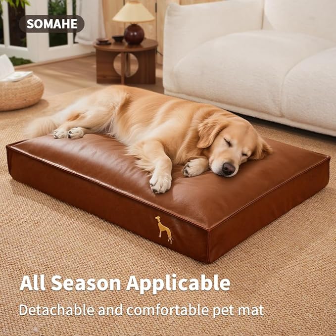 SOMAHE Dog Bed Medium Size Dog Orthopedic Beds for Small Dogs with Removable Washable PU Leather Cover Waterproof Brown 35.4×27.5×4inch