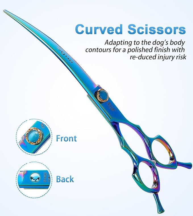 Stjuo 7.5'' Dog Curved Scissors for Grooming 440C Stainless Steel Green Professional Pet Trimming Scissors Sharp Blades Cutting for Dogs and Cats Shears
