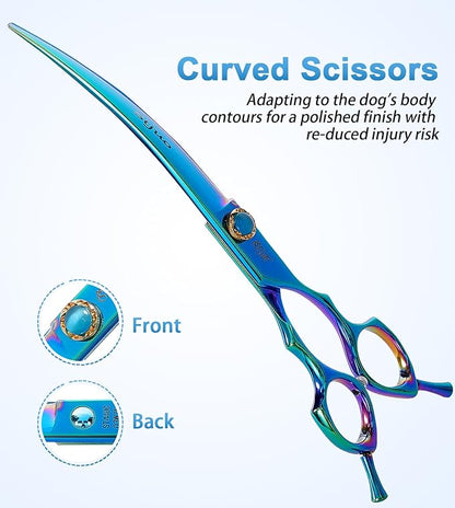 Stjuo 7.5'' Dog Curved Scissors for Grooming 440C Stainless Steel Green Professional Pet Trimming Scissors Sharp Blades Cutting for Dogs and Cats Shears