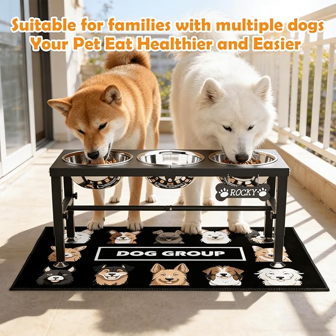 3-in-1 Slow Feeder Dog Bowl Stand, Elevated Raised Feeder with 1 Slow Feed & 2 Stainless Steel Bowls, Iron Stand, Custom Name Plate & Mat - Easy Clean for Fast Eaters, Multiple Dogs