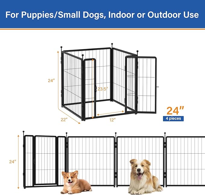 PETREEK Dog Playpen 24 inch 4 Panels for Indoor & Outdoor Use – Heavy-Duty Metal Pet Fence with Ground Stakes, Rounded Ball Tops for Safety, Stable & Foldable Design, Easy to Assemble