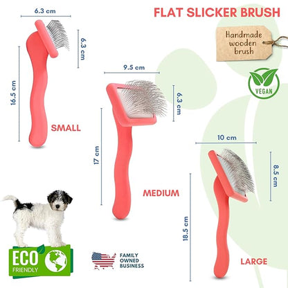 Pet Slicker Brush With Soft Massage Grooming Stainless Steel Pins - For Dematting, Shedding Fur, and Undercoat - Ideal Gift for Professional Pet Groomers - Long Slicker Brush (Coral, Flat Small)