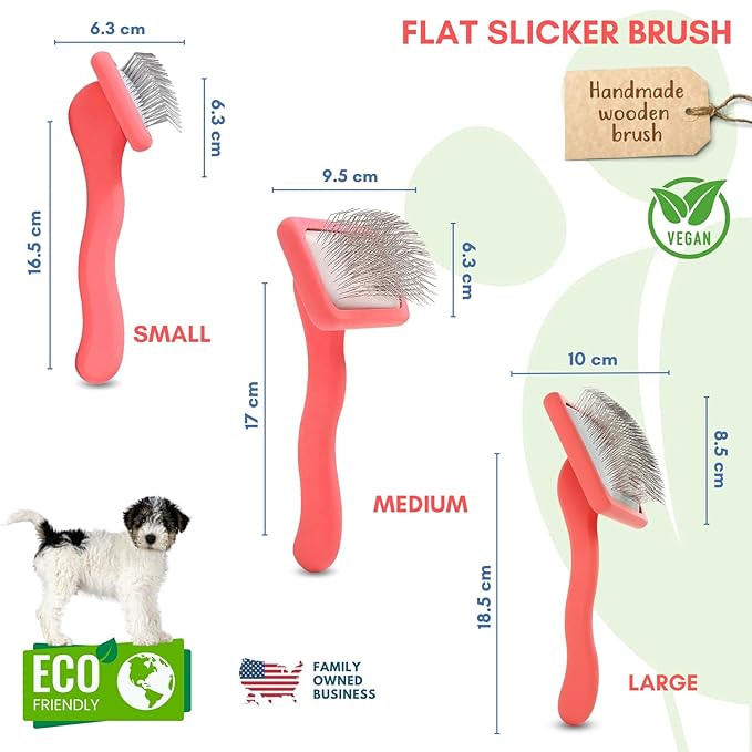 Pet Slicker Brush With Soft Massage Grooming Stainless Steel Pins - For Dematting, Shedding Fur, and Undercoat - Ideal Gift for Professional Pet Groomers - Long Slicker Brush (Coral, Flat Medium)