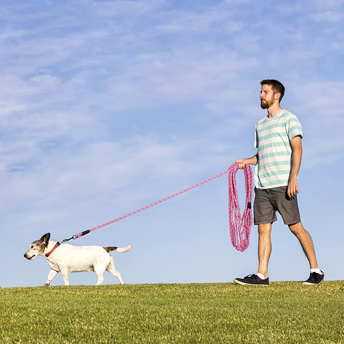Long Dog Leash for Training 30Ft-Reflective Nylon Rope with Swivel Hook-Recall Agility Lead for Large Small Medium Dogs Outside Walking Hiking-Pink Diam 1/2"