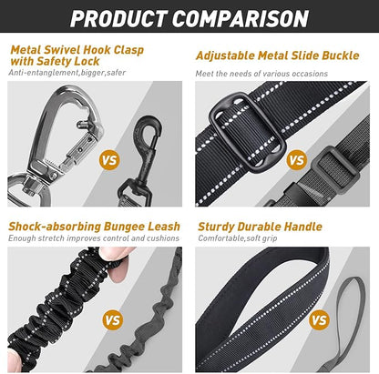 AUBELL Tactical Dog Leash Heavy Duty,4-6ft Reflective Strong No Pull Bungee Leash for Medium Large Dogs with Comfortable Padded Double Handle,Car Seat Belt,360 Degree Rotating Carabiner,Black