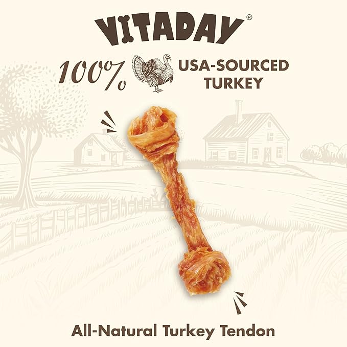 VITADAY Turkey Tendons for Dogs, All Natural, Healthy Dog Treats, Long Lasting, Hypoallergenic Dog Chews, Rawhide Free, USA-Sourced, for Large Dogs, Bone (L), 1 Count Pack