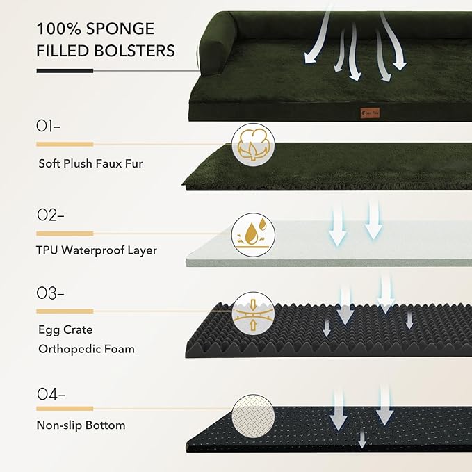 Casa Paw Orthopedic Dog Beds for Extra Large Dogs, Waterproof Egg Crate Foam XL Dog Bed with Sides 41x27Inch, Washable Big Dogs Couch Beds with Removable Cover and Nonskid Bottom, Olive Green