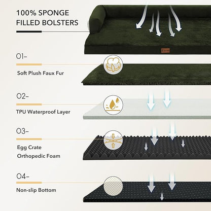 Casa Paw Orthopedic Dog Beds for Extra Large Dogs, Waterproof Egg Crate Foam XL Dog Bed with Sides 41x27Inch, Washable Big Dogs Couch Beds with Removable Cover and Nonskid Bottom, Olive Green