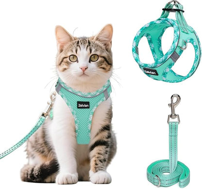 Zelvian Cat Harness and Leash Set for Walking, Escape Proof Adjustable Soft Mesh Kitten Harness with Reflective Strips, Breathable No-Choke Pet Vest for Medium Cats or Small Dogs(Green,M)