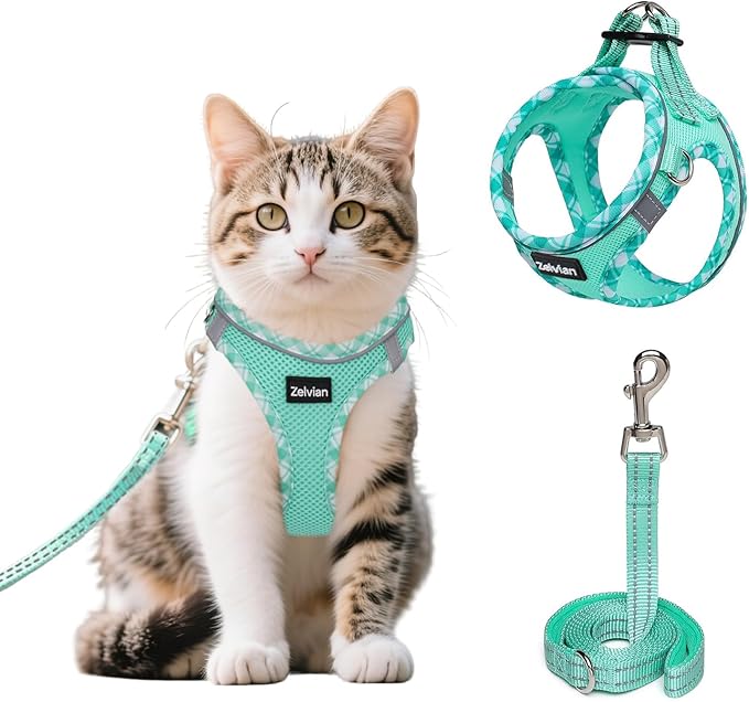 Zelvian Cat Harness and Leash Set for Walking, Escape Proof Adjustable Soft Mesh Kitten Harness with Reflective Strips, Breathable No-Choke Pet Vest for Small Cats or Puppies(Green,XXS)