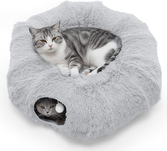DUMOS Cat Tunnel Bed for Indoor Cats Cave Donut Play Tunnel with Soft Plush Peekaboo, Circle Cushion, Washable Multifunctional Playground Under Tree Pet Toys for Kittens, Puppy Rabbit, Ferret - Grey