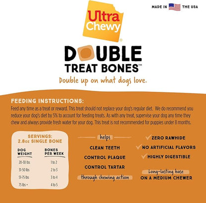 Ultra Chewy Peanut Butter Double Treat Bones: Long-Lasting Chews Made in USA, Highly Digestible, for Aggressive Chewers (Peanut Butter, 6 Count)