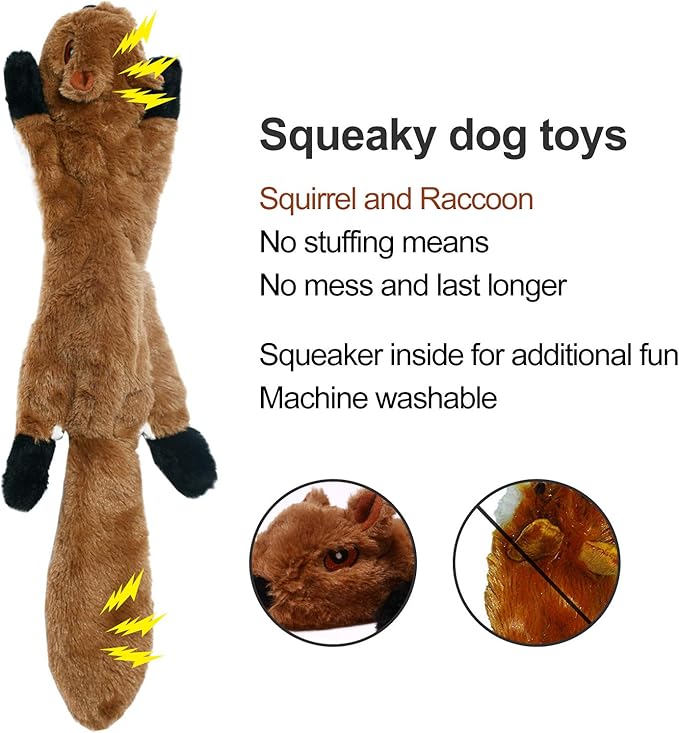 Sesyomr No Stuffing Dog Toys with Squeakers, Durable Stuffingless Plush Squeaky Dog Chew Toy Set,Crinkle Dog Toy for Medium and Large Dogs, 5 Pack（Squirrel Raccoon Fox Skunk and Penguin）, 24Inch