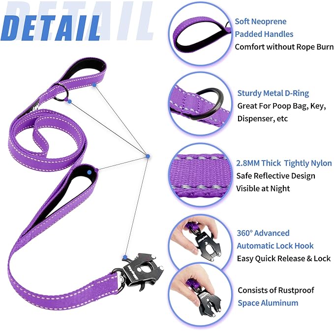 Strong Heavy Duty Dog Leash - 6ft Reflective Nylon Training Leash with Soft Padded Double Handle & Auto Lock Frog Clip, Safety Traffic Control for Large Medium Small Dogs No Pull Walking Purple,6ft