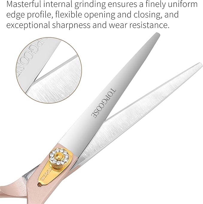 TOPGOOSE 7.5‘’ Professional Dog Grooming Scissors Set 440C Stainless Steel Straight Thinning Curved Chunker Shears 4PCS Set for Pet Grooming Services Dogs and Cats (Rose Gold, Set)