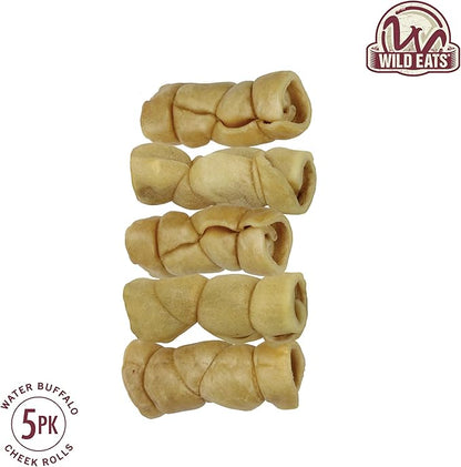 Wild Eats Water Buffalo Retriever Style Cheek Roll 3" Dog Chews-5 Pack (Long Lasting Dog Chews Treats & Bones for Medium Dogs) Substitute for Pig Ears for Dogs