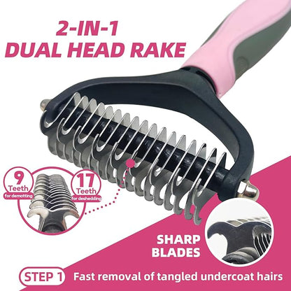 KUEIOX Pet Grooming Kit - 7 PCS Deshedding Brush Set with Slicker, Undercoat Rake, Bath Brush & Nail Clipper for Short & Long Haired Dogs, Cats (Pink)