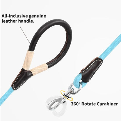 Mile High Life Leather Handle Dog Leash, 6 FT/5 FT/4 FT Rope Leash for Small Medium Large Dogs (Blue, 4FT)