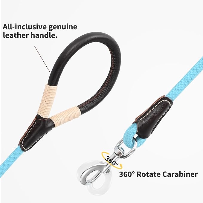 Mile High Life Genuine Leather Wrapped Handle Dog Leash, w Heavy Duty Clasp Rope Leash for Small Medium Large Dogs (Blue, 6FT)