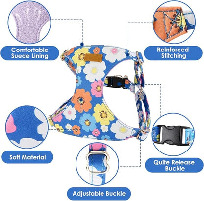 SlowTon No Pull Dog Harness with Leash - Soft Lightweight Floral Pattern Puppy Harness, Adjustable Pet Harness for Small Medium Dogs (Blue Flower M)